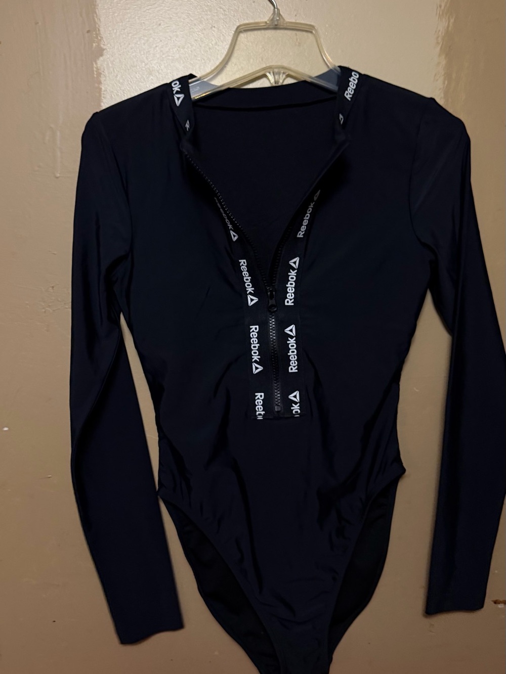 Reebok Black Long-Sleeve Zip-Front One-Piece Swim Suit